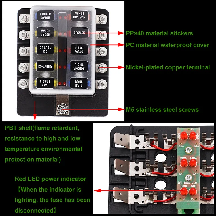10 Way Fuse Box 32V DC Blade Auto Car Power Distribution Block Fuse Holder With LED Indicator Waterpoof Protection Cover For Car