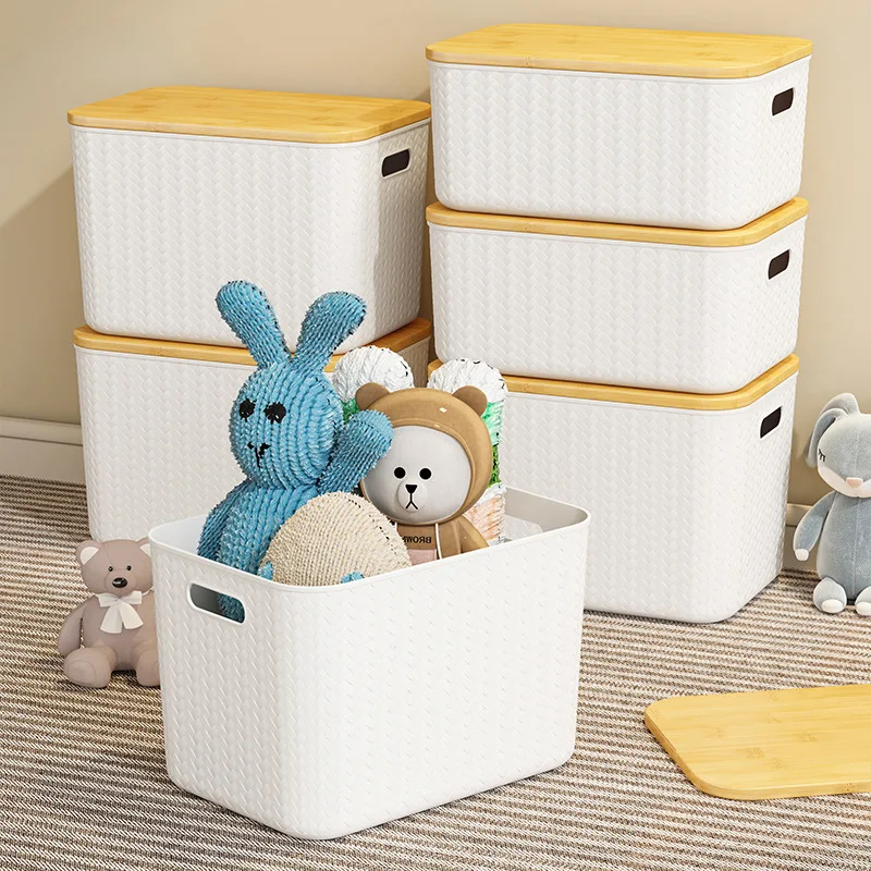Plastic storage basket toy sundry desktop storage makeup organizer with bamboo lid storage containers for living room