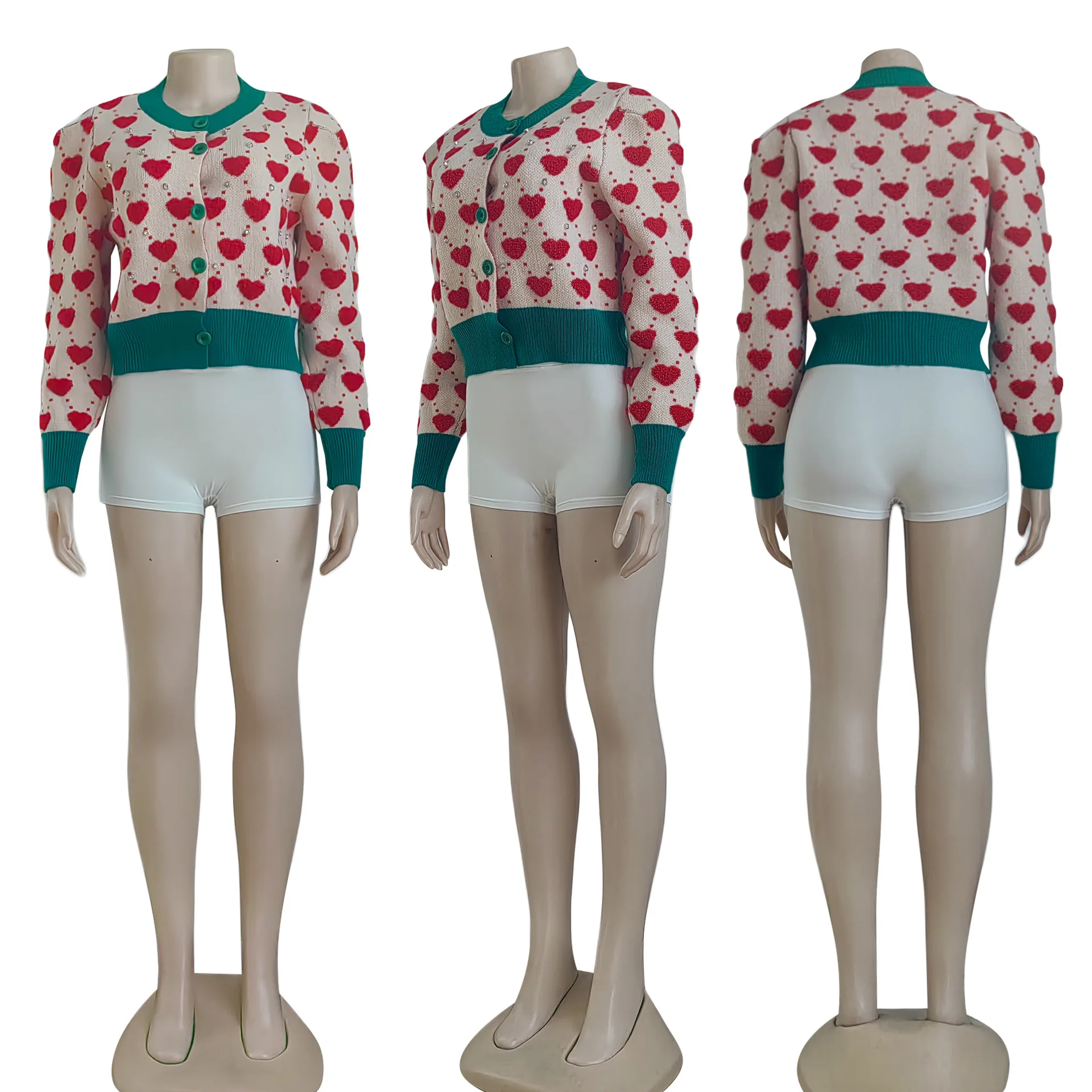 New Stylish Button Knitted Long Sleeve Crochet Cardigan Sweater Women Pink Valentines Heart Sweaters Cardigan Sweaters for Women