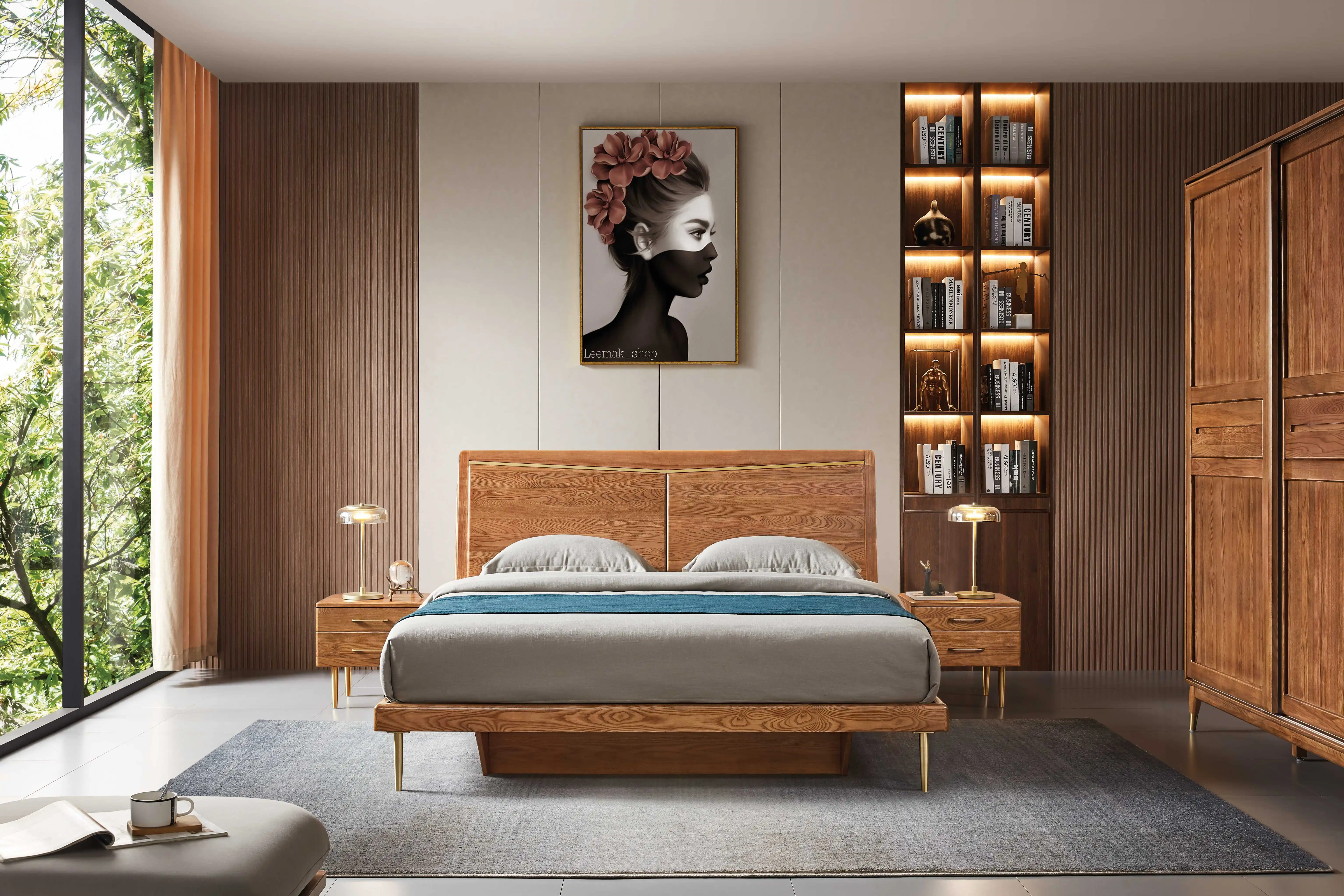 Modern Bedroom Furniture Simple Design Wooden Bed Metal or wooden legs solid wood bed