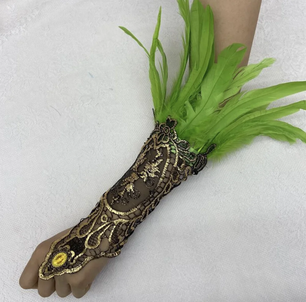 ZSY Halloween feather bracelet Gothic style feather gloves hollowed out gold lace gloves Clothing and Accessories