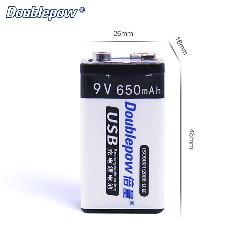 9V USB Battery 650mAh Lithium Ion with Type-C Port Rechargeable Battery Cell for Wireless Microphone/Electric Guitar