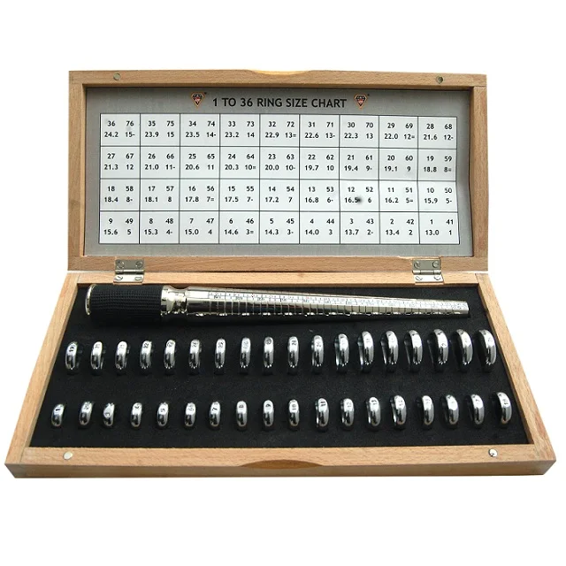 Universal Ring Mandrel and finger Ring sizer gauge set in Wooden box jeweler making tools accessories