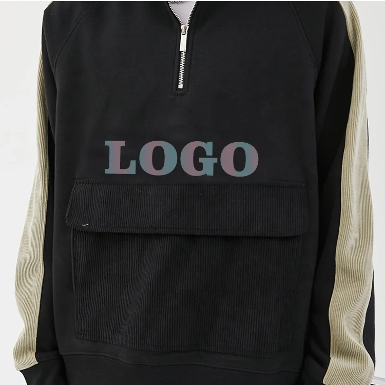wholesale custom logo pockets design heavy weight hoodies zip fly crew neck men patchwork reflective corduroy sweatshirt