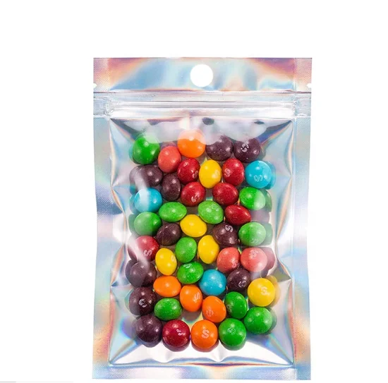 
Plastic Food Packaging Clear and Silver Metallic Foil Side Gusset Zipper Bags 