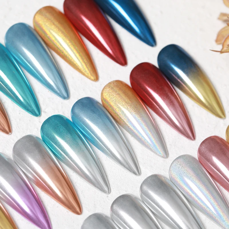 Two-Color Solid Mirror Chrome Nail Powder Holographic Colorful Neon Nail Art, Multi Chrome Manicure Pigment Nail Decoration