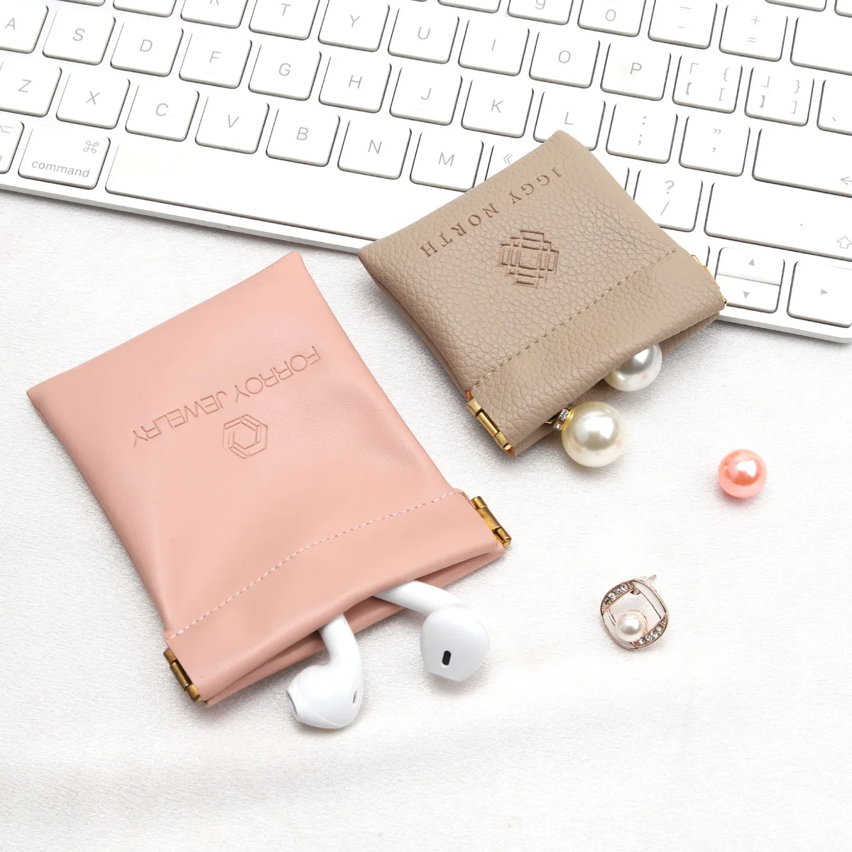 Custom Logo Printed Emboss Pu Leather Pouch With Close Magnet Jewelry Lipstick Earphone Storage Leather Bag