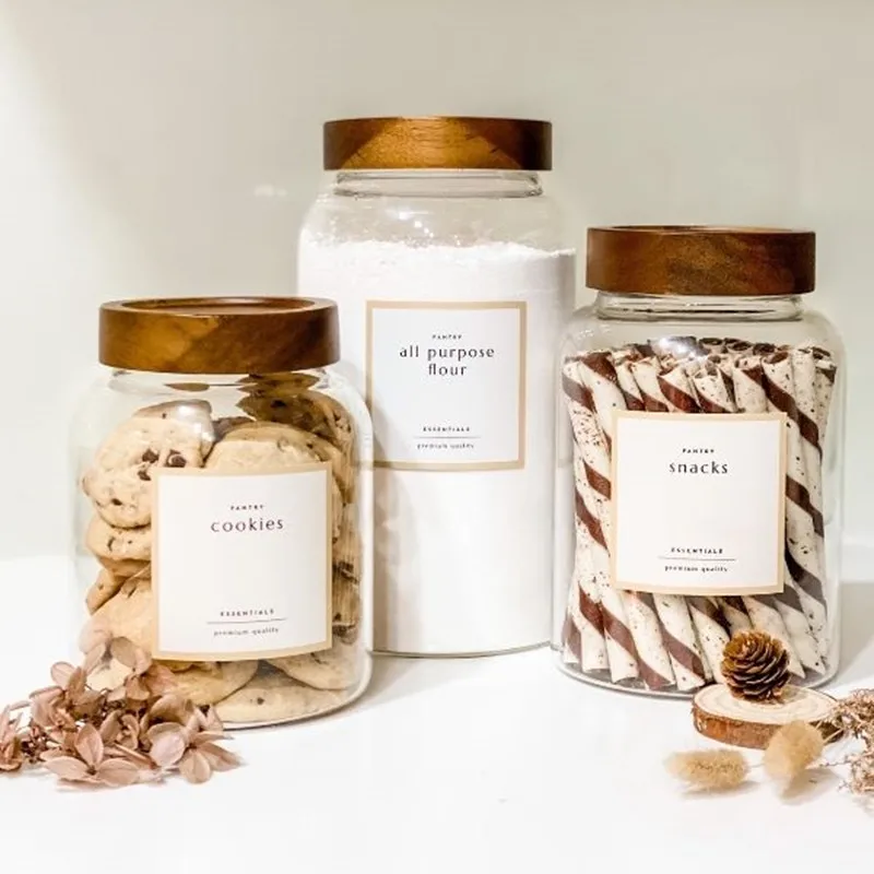 Airtight 3 pack Acacia wood lid glass container cookies jar kitchen storage Pantry canisters set for grain flour preserved foods