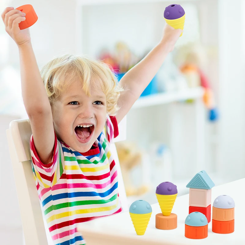Kid Educational Puzzle Stacking Tower Lacing Toy Baby Toddler MontessoriToys Silicone Sensory Toys For 1-3 Year Old