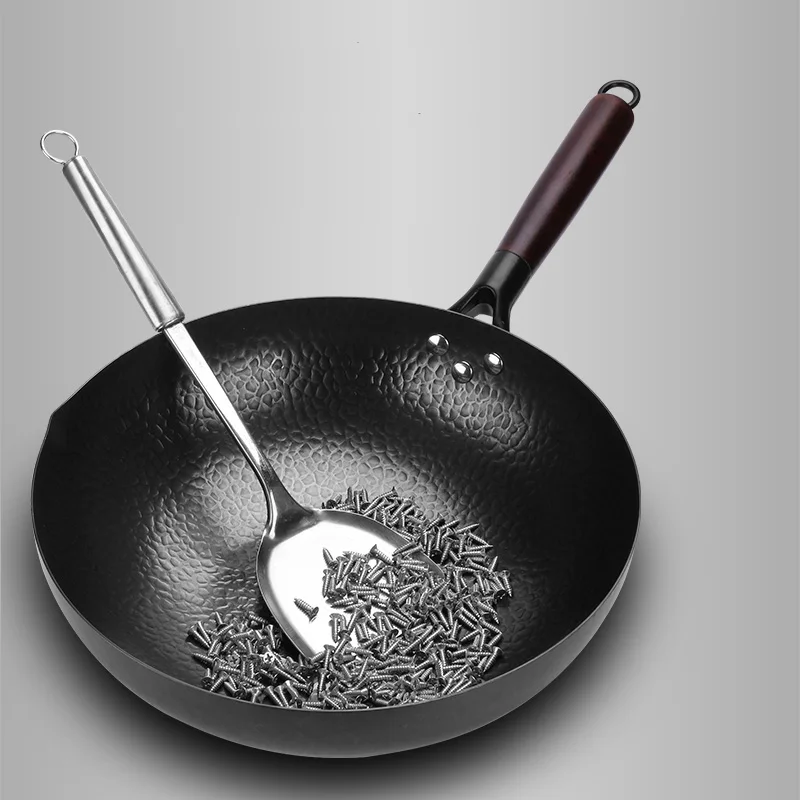 Non-Coating Chinese Wok With Wooden Lid Handmade Iron Wok Non-Stick Carbon Steel Wok Pan