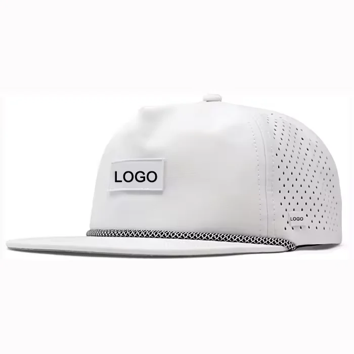 Costom 7 Panel Polyester Waterproof Trucker Hats Laser Cut Snapback Caps Rope Baseball Cap With  Leather Patch logo