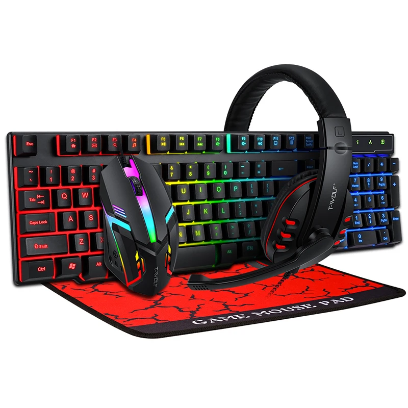 LED 4 in 1 Gaming Keyboard And Mouse Headset Mouse Pad Keyboard Ergonomic Light Mechanical TF800 4 in 1 Gaming Combo Set