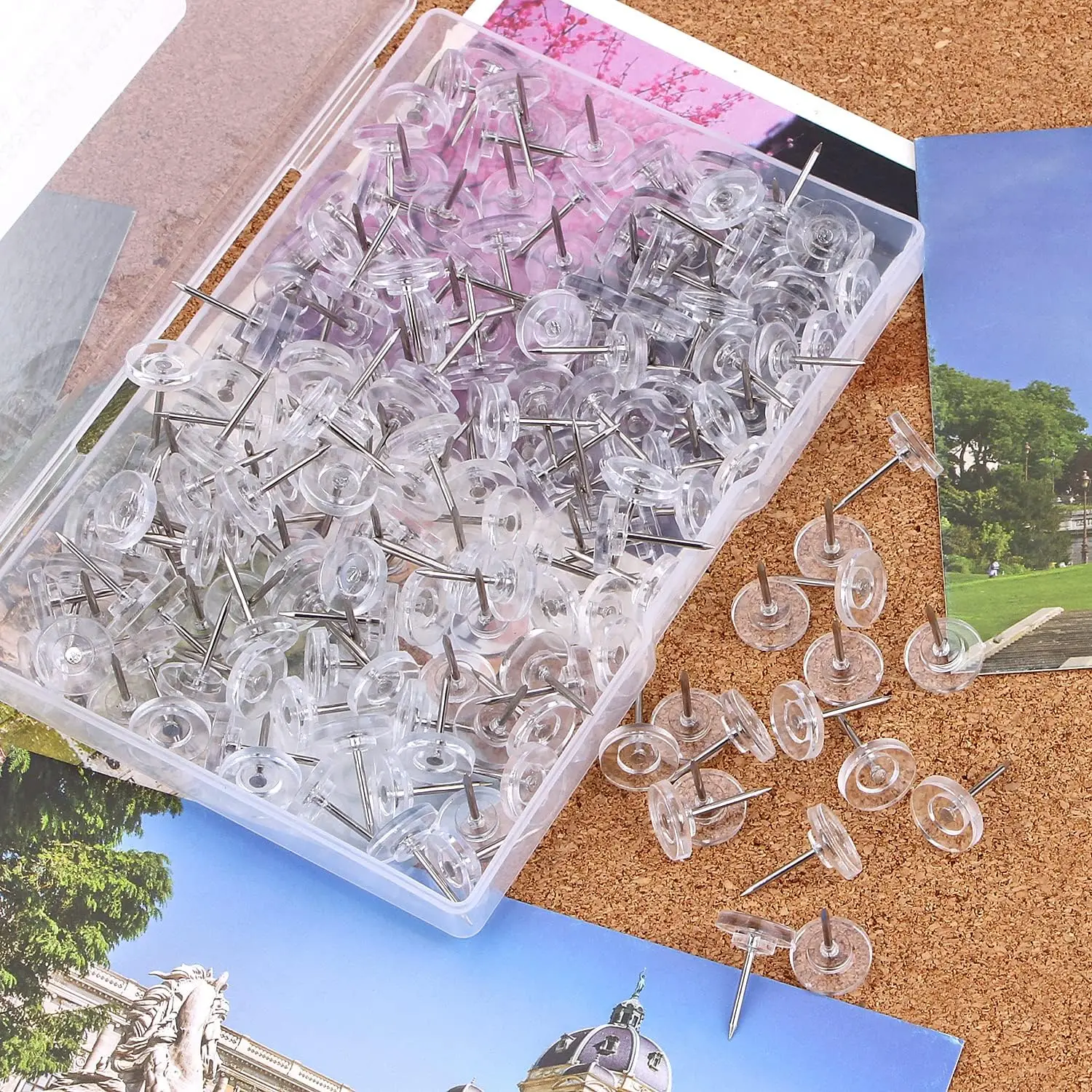 150pcs Plastic Clear Flat Head Thumb Tacks for Bulletin Boards, and Office Organization