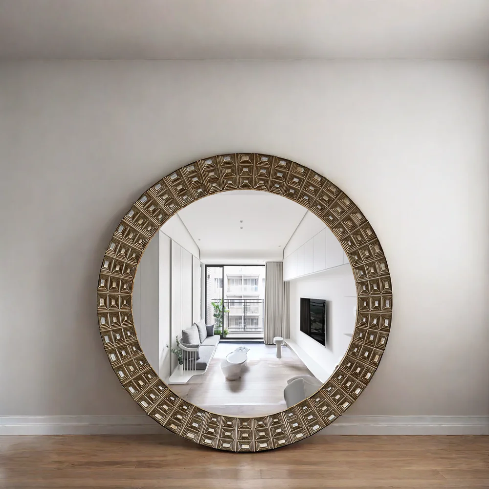 custom luxury salon bathroom home decor modern large round PU framed big circle full body hanging miroir wall mirror espejo