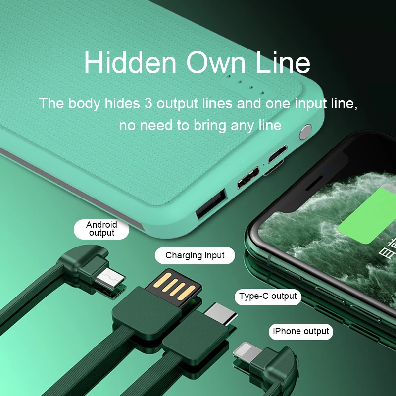 Внешний аккумулятор 10000 мАч собственный мобильный источник зарядки портативный внешний со скрытым зарядным кабелем для ios Android