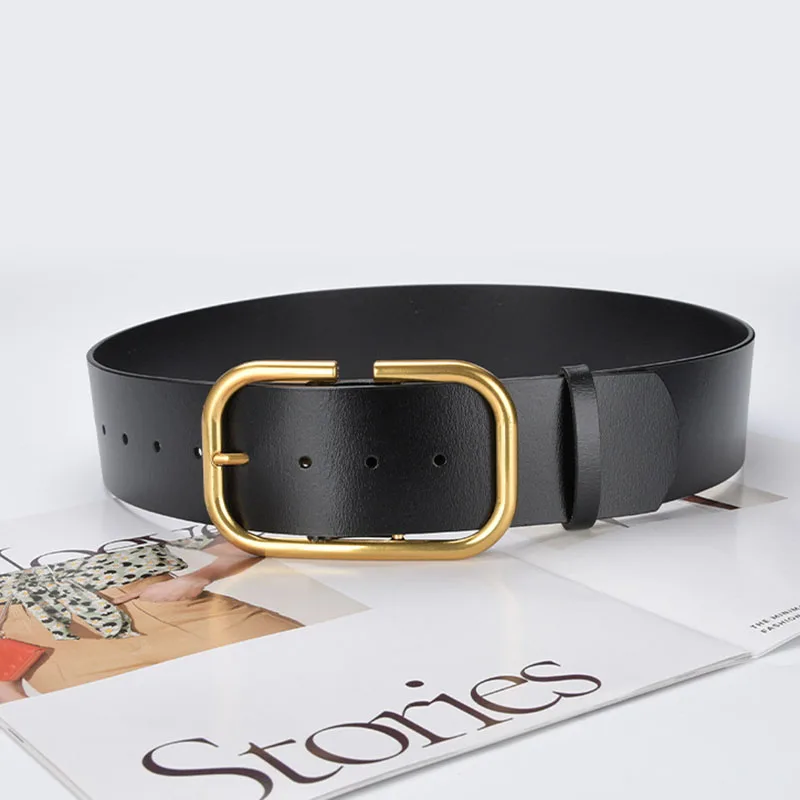 Vintage Wide Leather Belts For Women Big Gold Alloy Pin Buckle Genuine Cowhide Belt