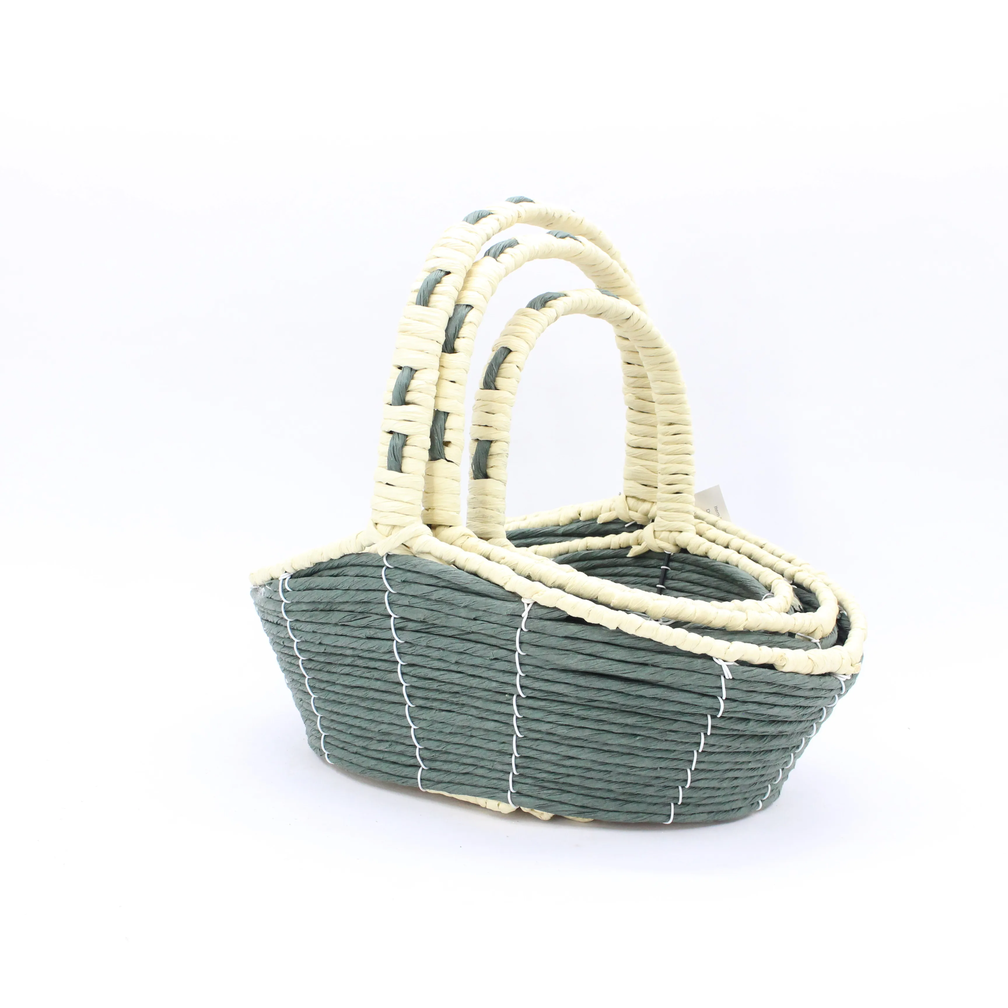 European style high handle dark green beige paper rope wood chips mixed high quality flower basket storage basket