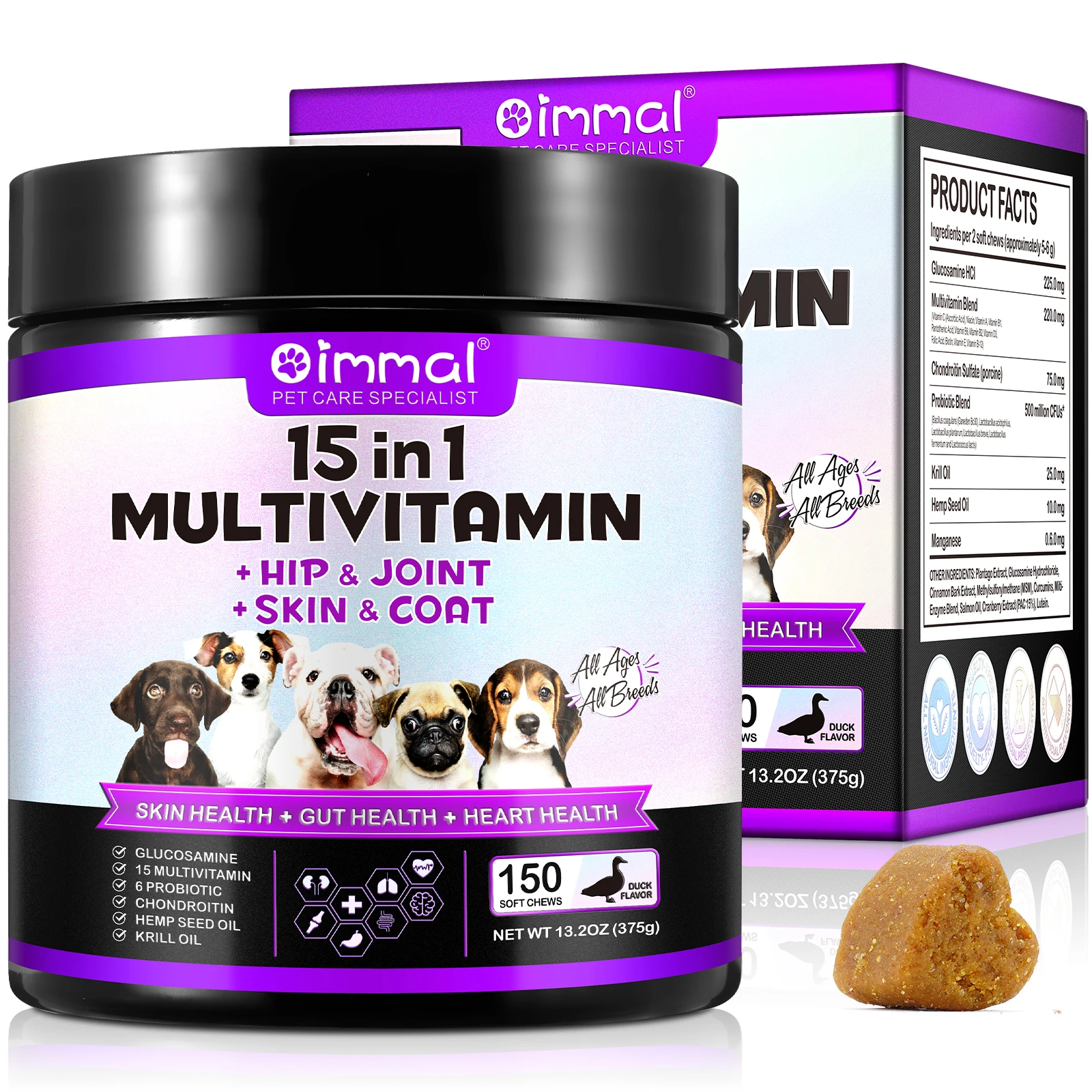 OIMMAI immunity digestion joint heart health support pet supplement soft chew dog 15 in 1 multivitamin pet vitamin supplement
