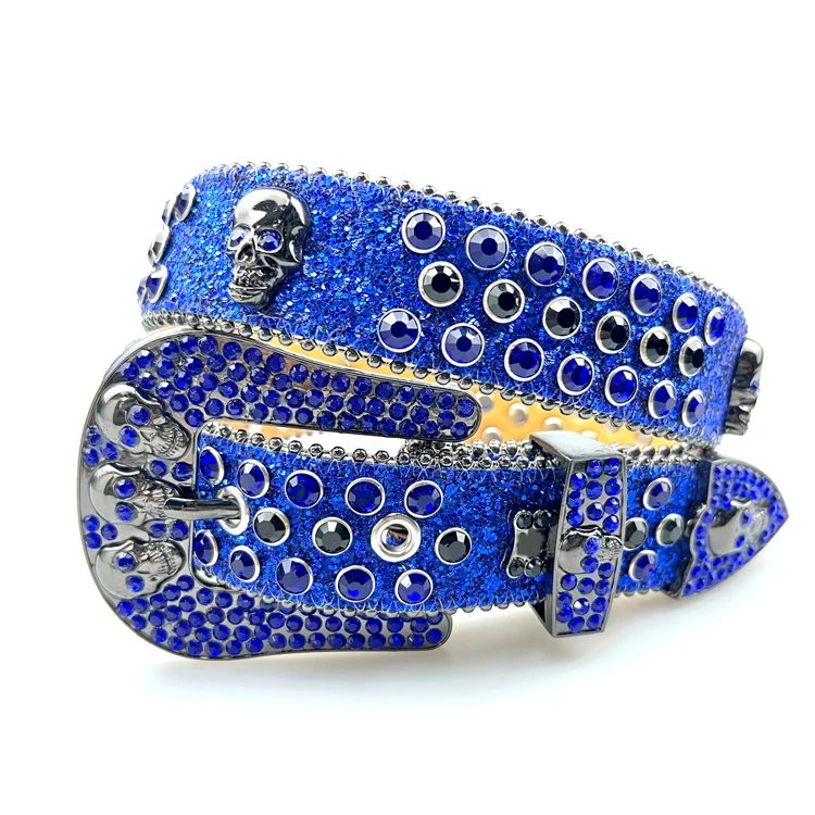 Unisex Crystal Blue BB simond Skull Rhinestone Belt Western Bling Studded Leather Belt