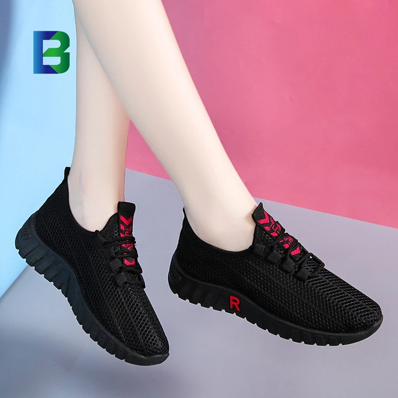 BC China Factory Seller casual shoes lady black mesh sneakers Rope Shoelaces flat shoes women 2021