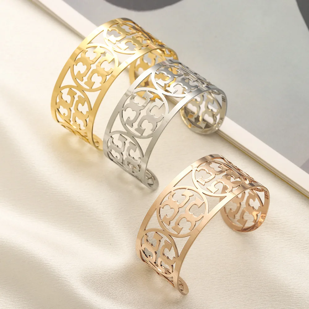 HC Fashion  Tory B Gold Color Engagement Stainless Steel Women Bangle Jewelry Sets Brand Punk Open Bracelet