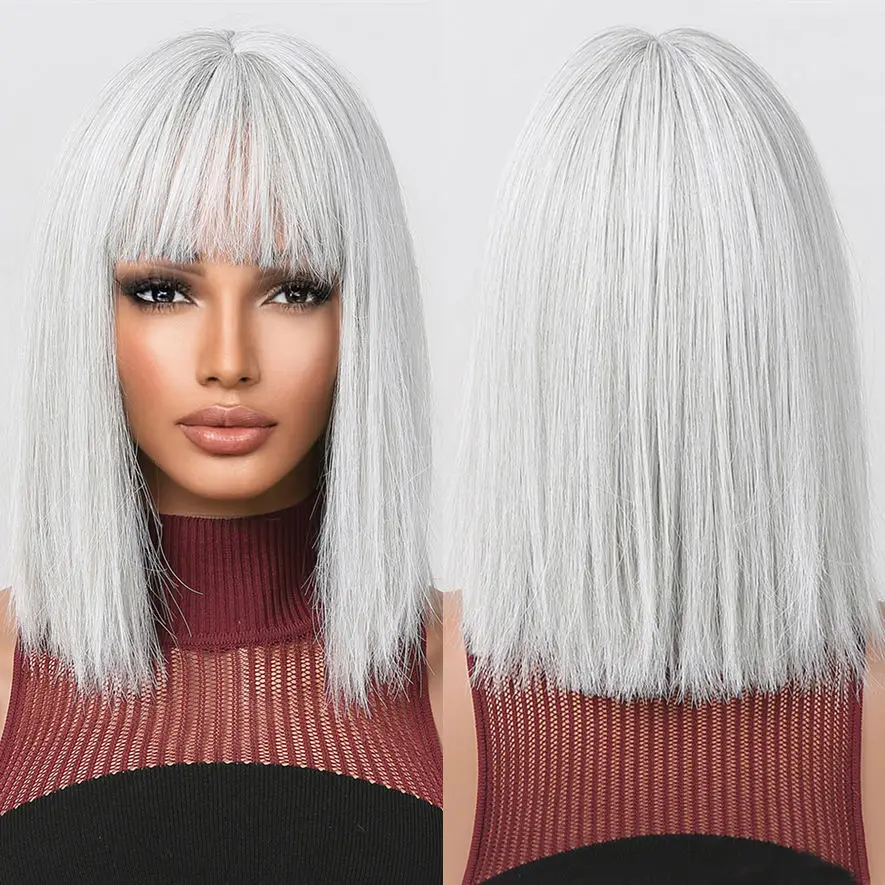 Wholesale White Silver Short Straight Synthetic Wigs with Bangs Platinum Blonde Bob synthetic hair braiding wigs for african