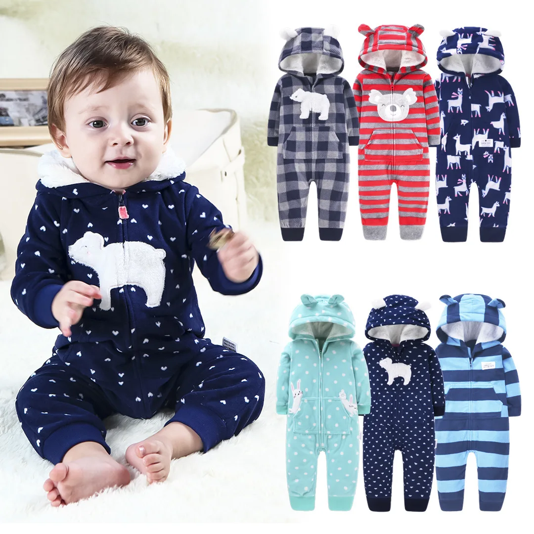 Зимние детские комбинезоны с капюшоном и медведем комбинезон для мальчиков девочек длинным рукавом из флиса