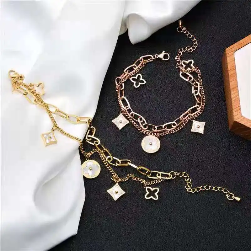 2021 Fashion Double Clover Stainless Steel Women Charm Bracelet Jewelry
