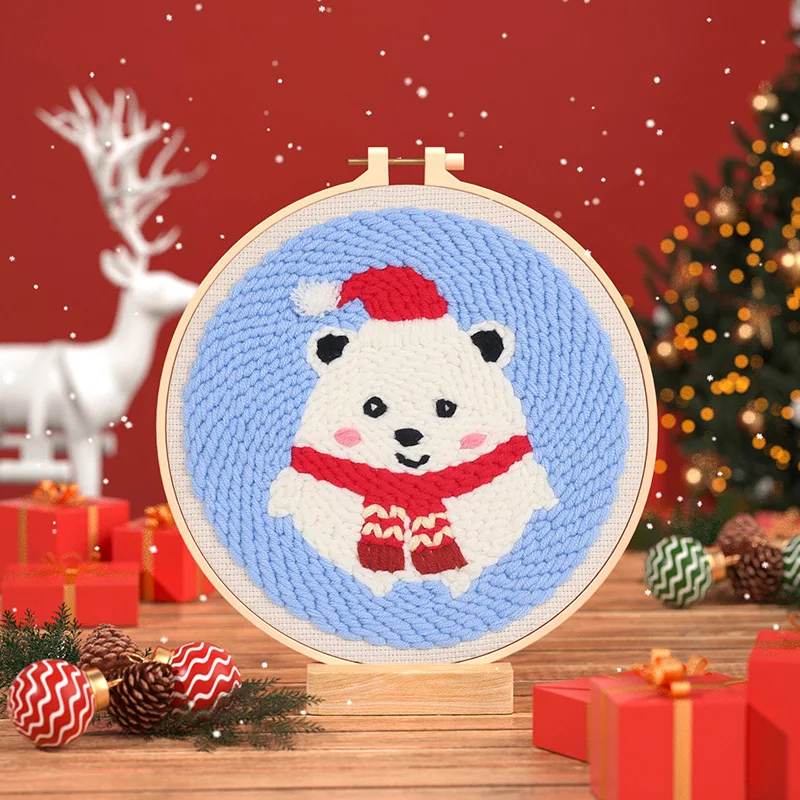 DIY Christmas Punch Needle Embroidery Starter Kit Punch Needle Kits Threader Fabric Embroidery Hoop Yarn Rug