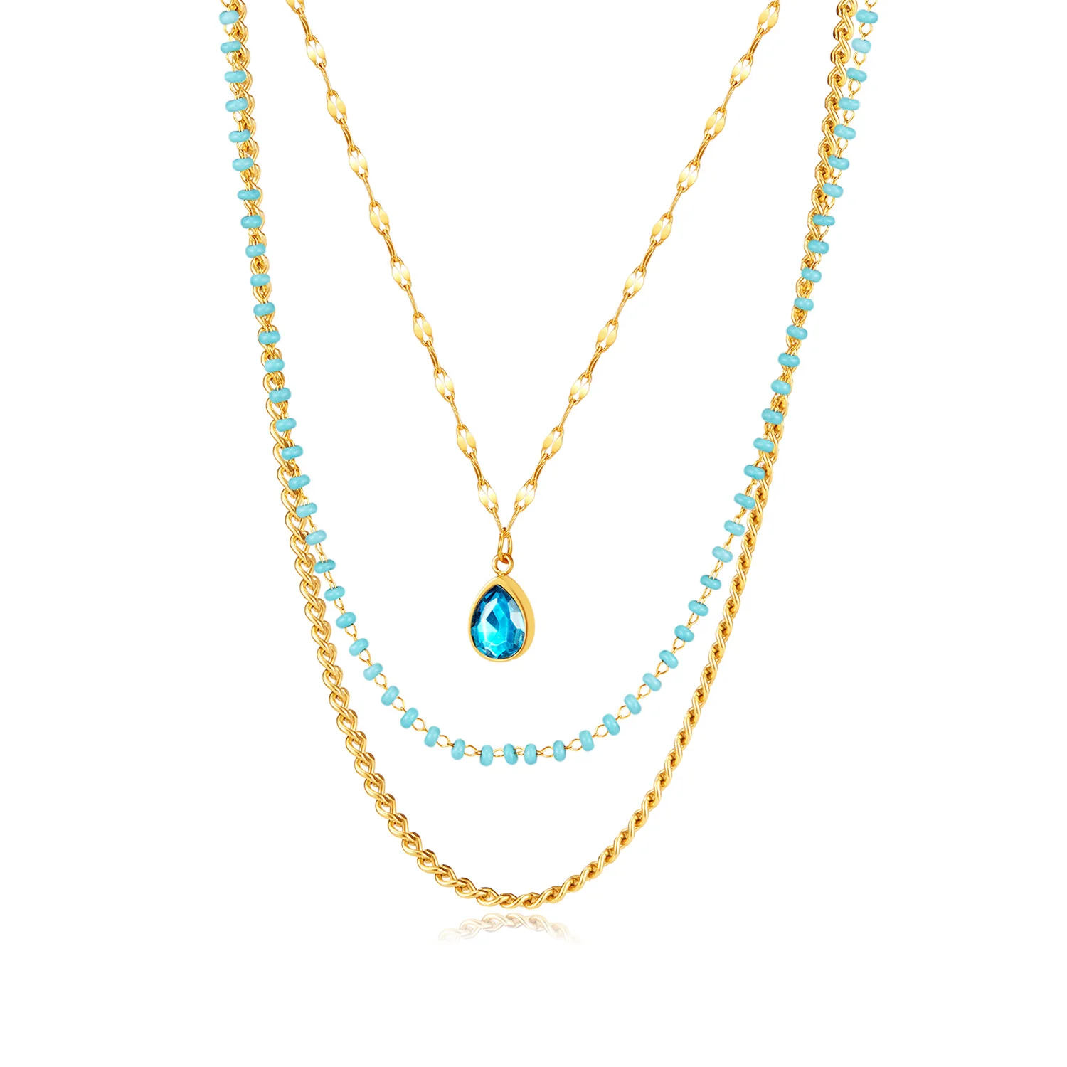 New Arrival Exquisite Beaded Necklace Jewelry Stainless Steel Multi-Layer Blue Water Drop Teardrop Necklace