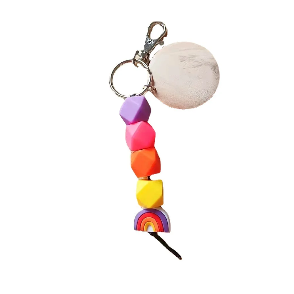 Customized DISC Silicone Beads Keychain Elastic Macrame Beautiful Rainbow Silicone Beaded Monogram Keychain