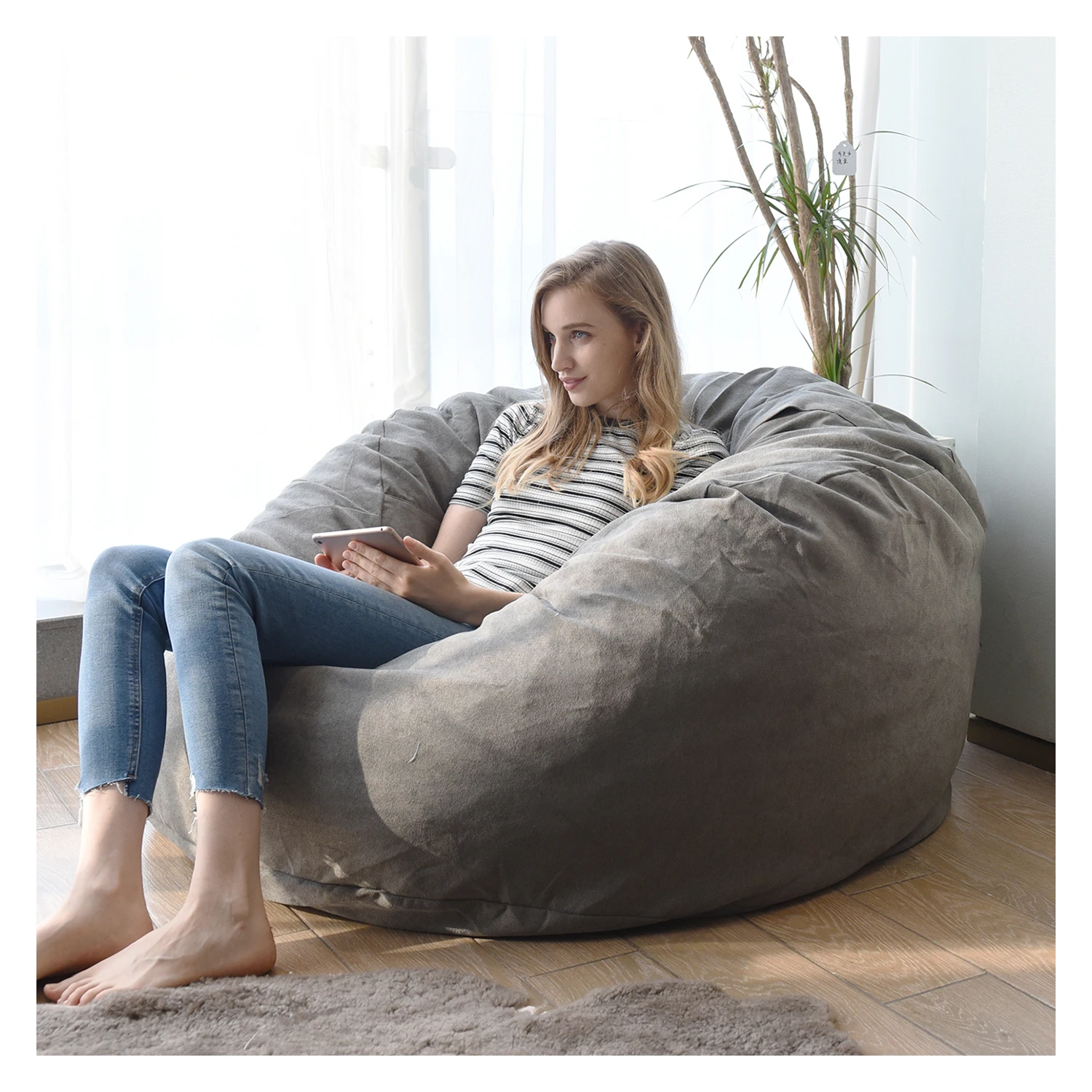 YJ OverSize Beanbag Bed For Adults Giant Puff Bean Bag Chairs Elastic Crushed Sponge Fur Living Room Chair XXL(5FT)