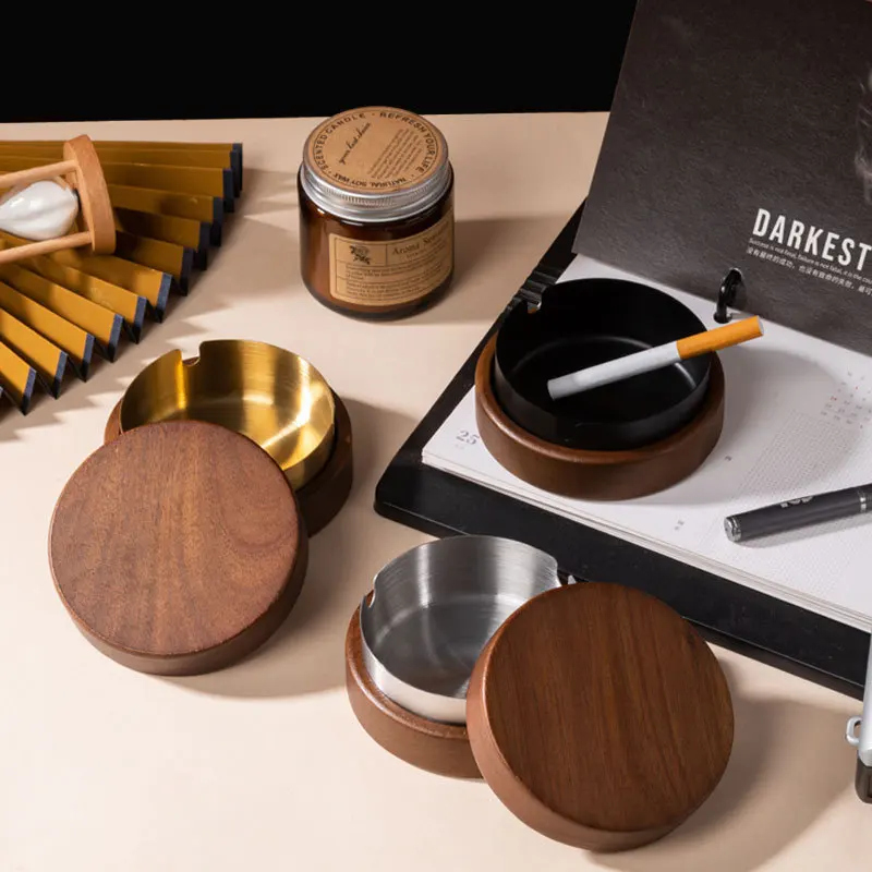 New Wholesale Custom Logo Ashtrays Creative Wooden Ashtray With Lid High-looking Office Household Ashtray