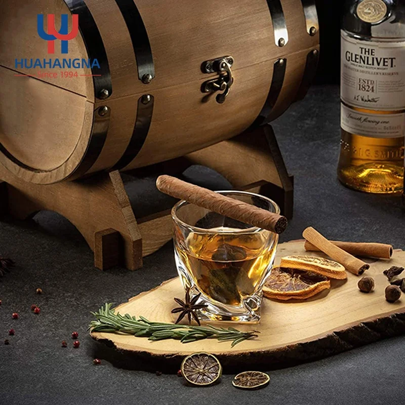 Premium 300ml Custom Etched Whiskey Glass Gift Sets With 6 Granite Whisky Rocks in Wooden Whiskey Barrel Gift Box