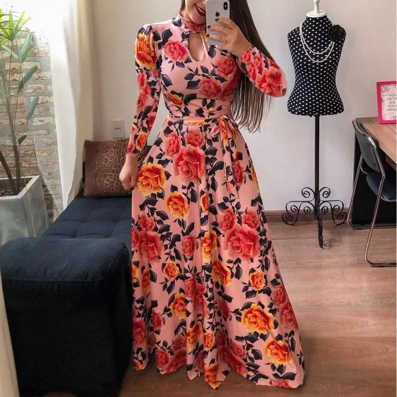 CYX004 Autumn New Design Long Sleeve Floral Print High Collar Women Beach Maxi Long Casual Dresses
