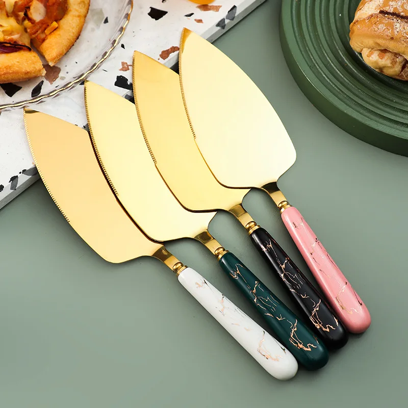 2 Pcs Set Gold Plated Stainless Steel Cake Shovel Server and Knife Set with Ceramic Handle in Gift Box