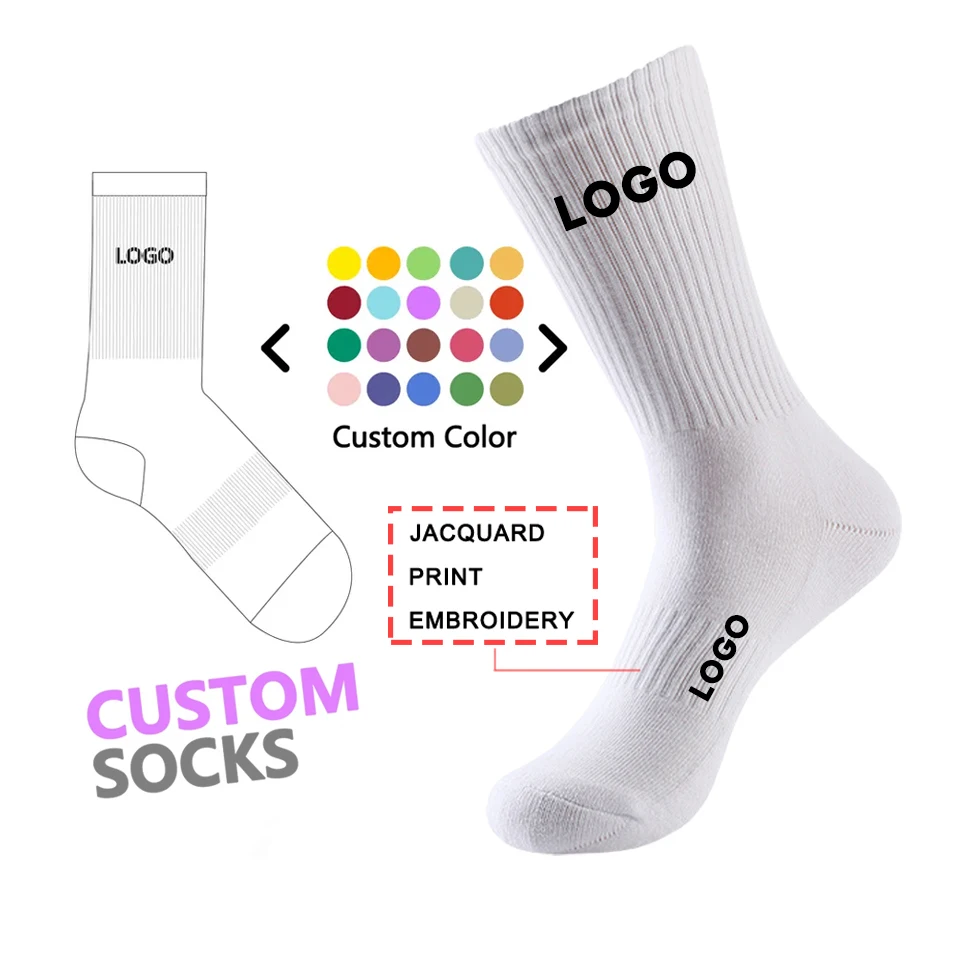 Street Style Crew Socks Custom Logo 100% Cotton Socks  Basketball Sport Crew socks