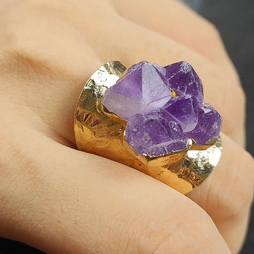 wholesale natural quartz ring irregular amethyst crystal cluster charm drusy stone gold bezel adjustable finger ring