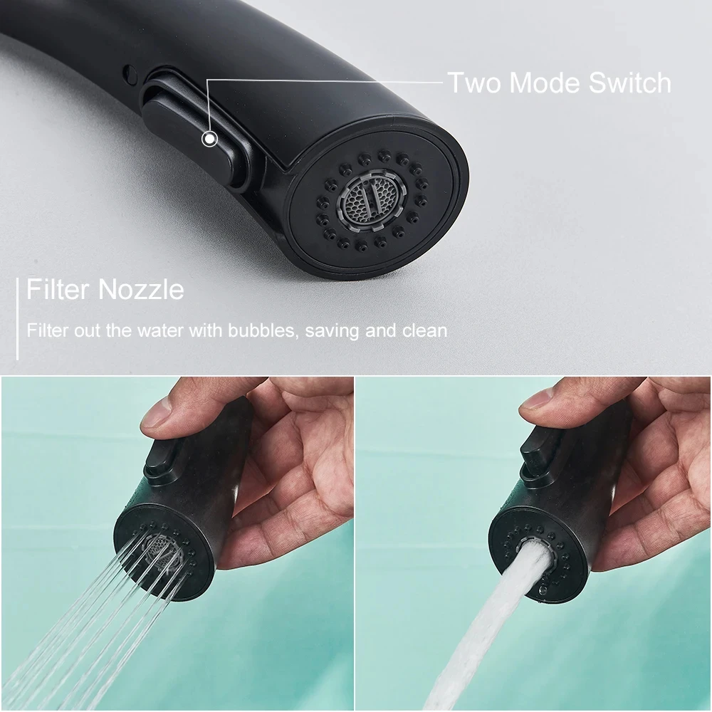 Black Kitchen Faucet Two Function Single Handle Pull Out Mixer Hot and Cold Water Taps Deck Mounted 360 Rotation Mixer Tap