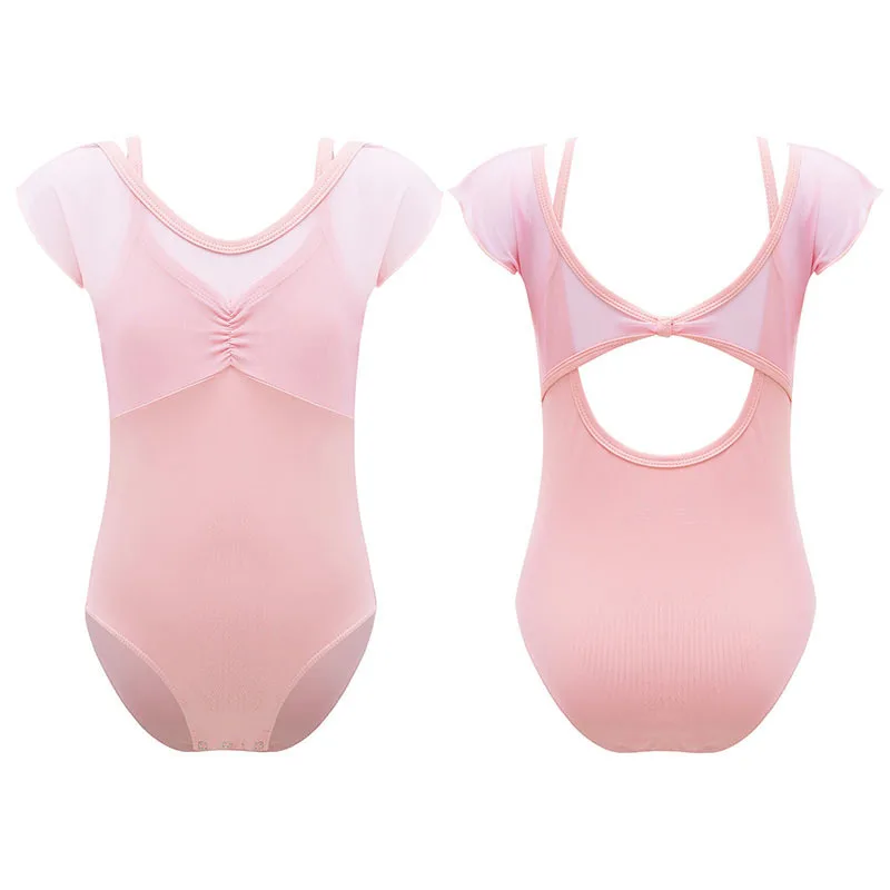 Short Sleeve Rhythmic Gymnastics Practice Kids Open Crotch Girls Ballet Skirt Bodysuit Leotard