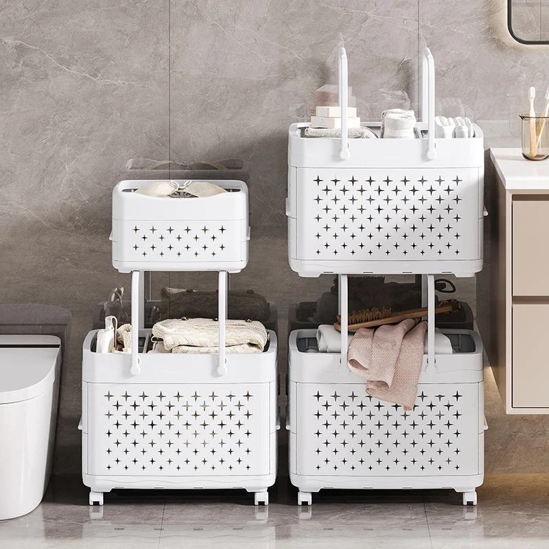New multifunctional bathroom organizer storage trolley folding laundry basket foldable plastic storage basket with wheels