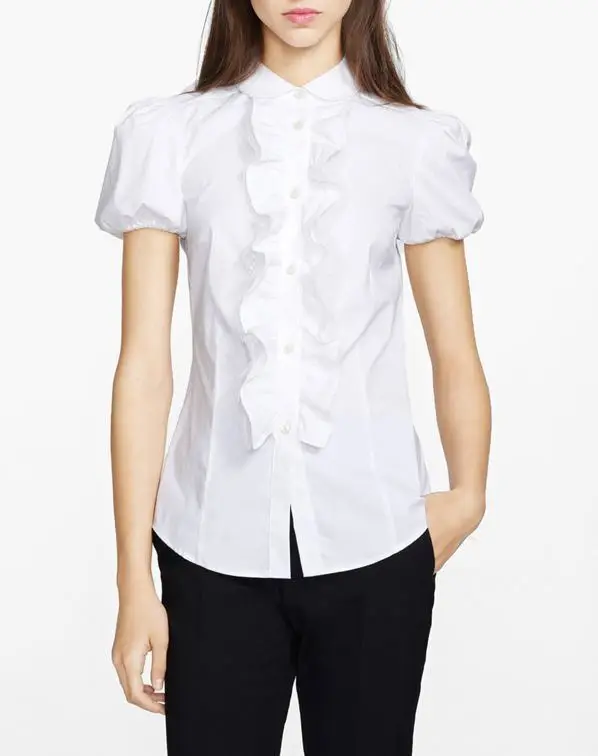 
Peter pan collar puffed short sleeve stretch cotton poplin womens clothes 2021 sexy casual korean fashion blouse 