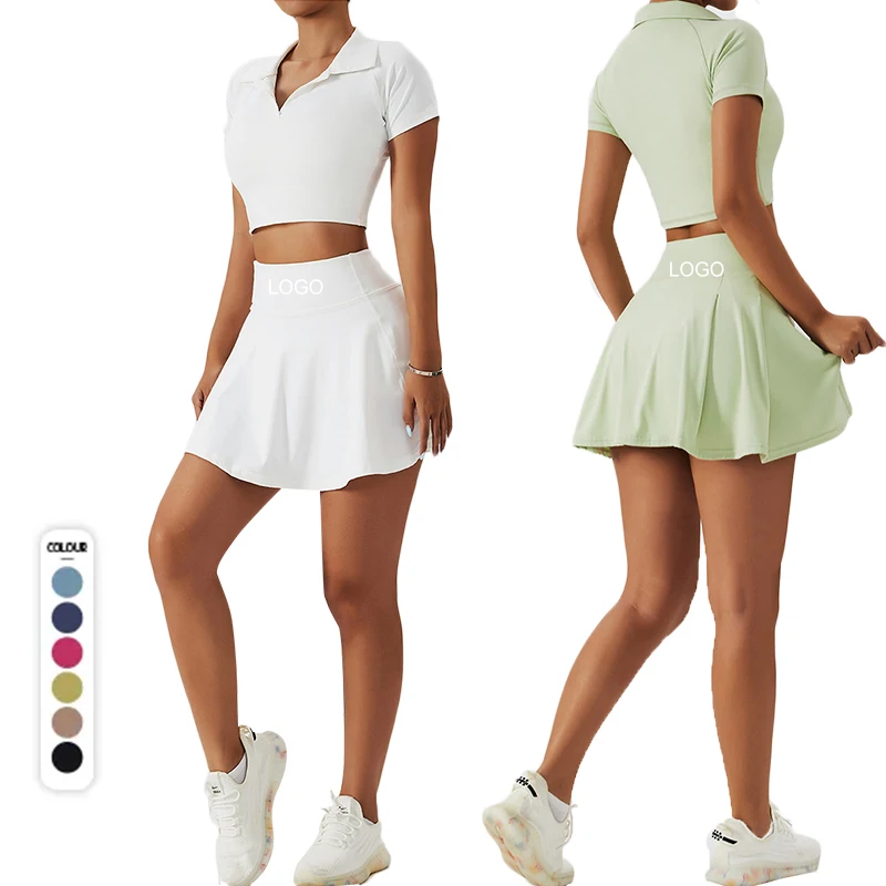 Summer Women Outdoor Plus Size Workout Tennis Wear Fitness Sports Wear Short Sleeve Top With Skirt 2 Piece Tennis Skirt Yoga Set