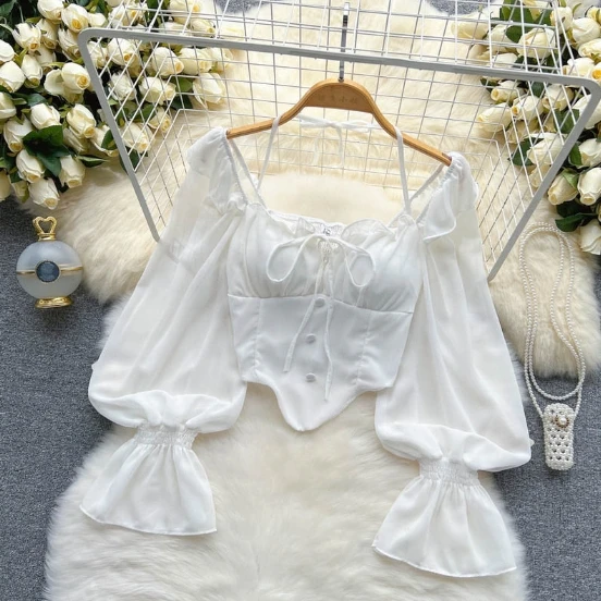 Liu Ming Fashionable Summer Sexy Flare Sleeve Ruffle Halter Backless Chiffon Slim Short Blouse