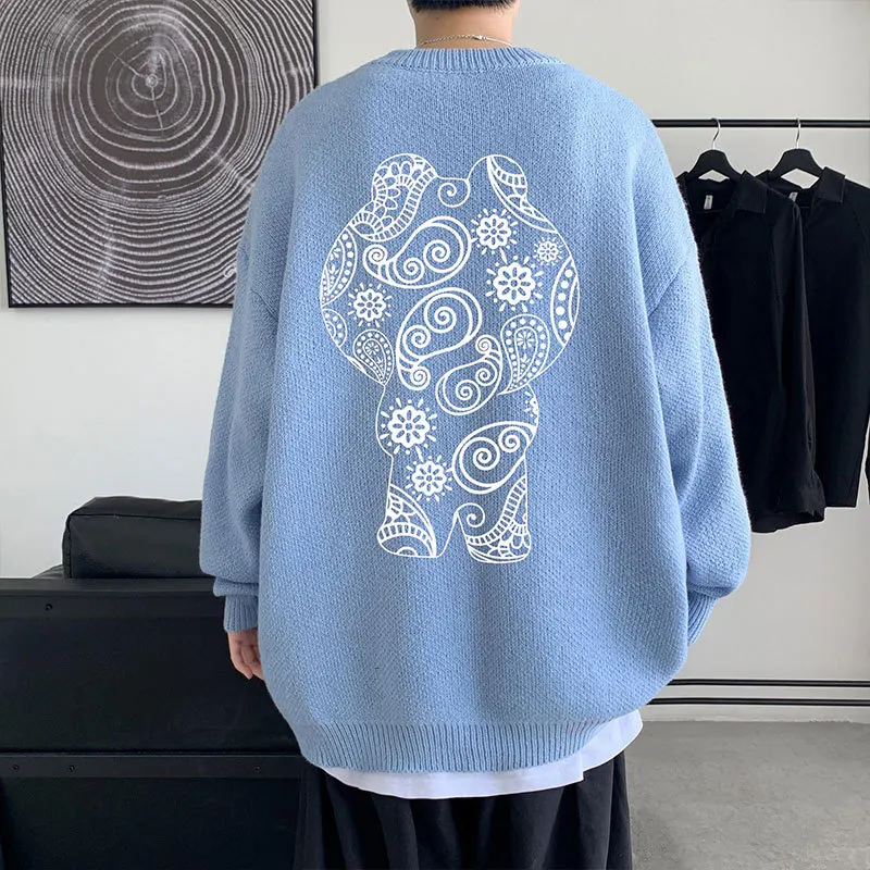 Winter wholesale custom logo size knitted casual sweater pure cotton blue pattern jacquard for men pullover sweaters