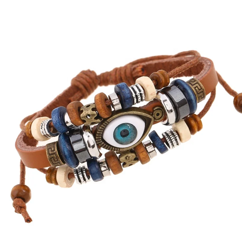 New Design Wholesale Vintage Multilayer Beaded Eyes Leather Bracelet Hand Braided Men Women