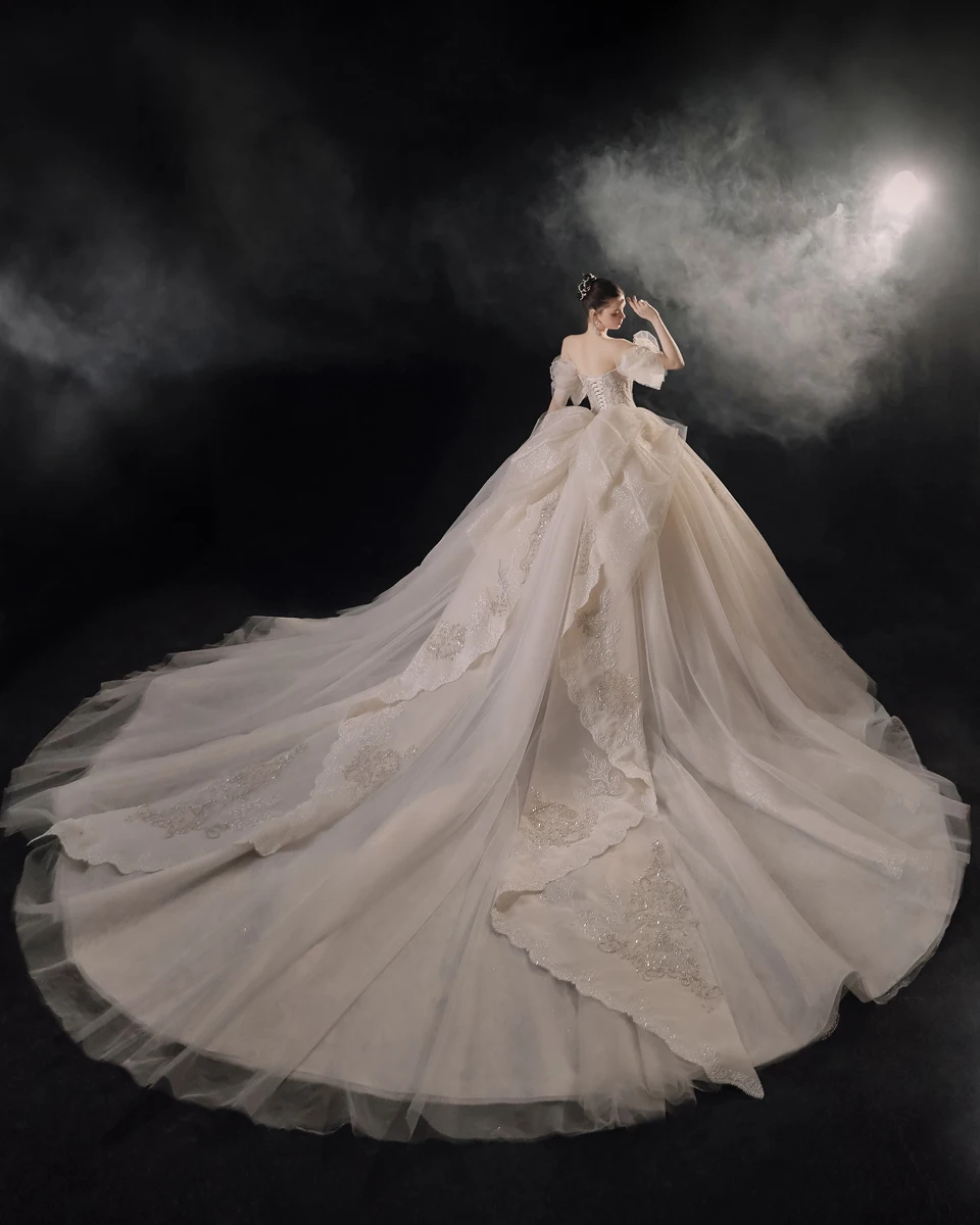 White luxury weeding dress collection 2022 sparkly tulle bow sleeves robe de mariage arab reception dress for bride