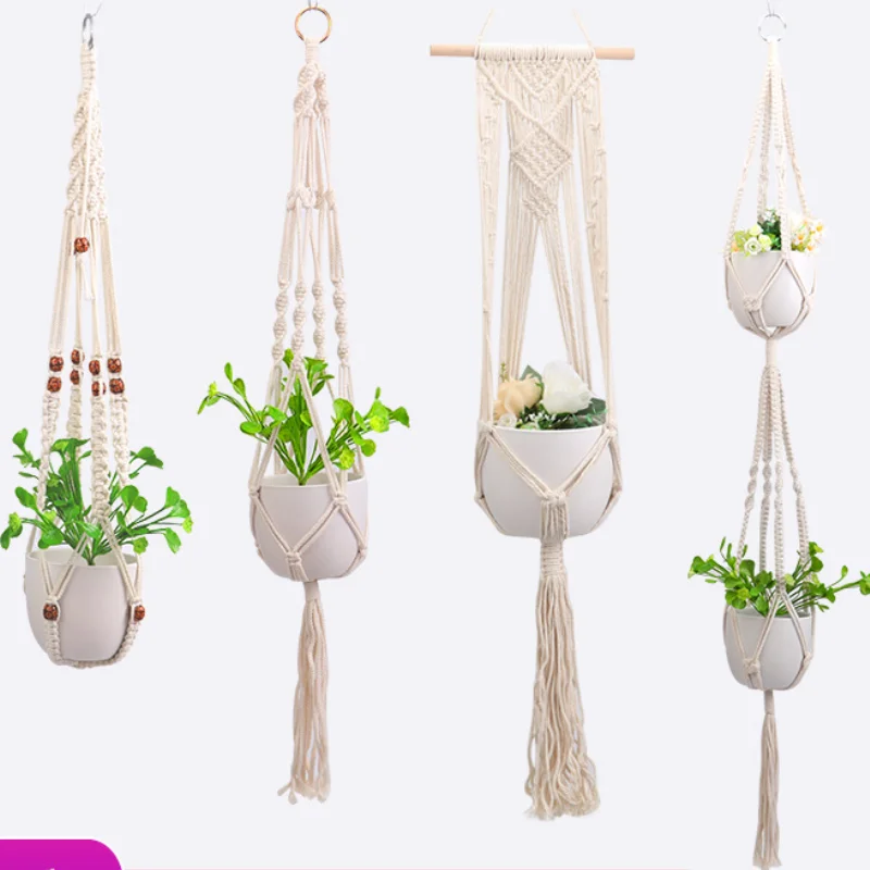 Садовый цветочный горшок, Сетчатая Сумка ручной работы, плетеный хлопковый цветочный горшок, подвесная веревка, комнатный уличный цветочный горшок, подвесная корзина