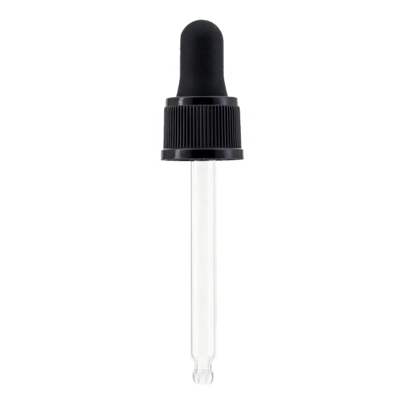 18/410 black ribbed dropper assembly with rubber bulb and glass pipette
