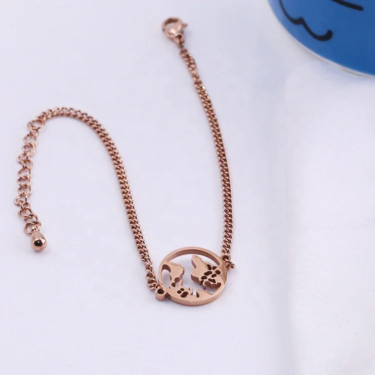 Custom wholesale fashion jewelry hollow world map design stainless steel rose gold plated adjustable chain bracelet for women